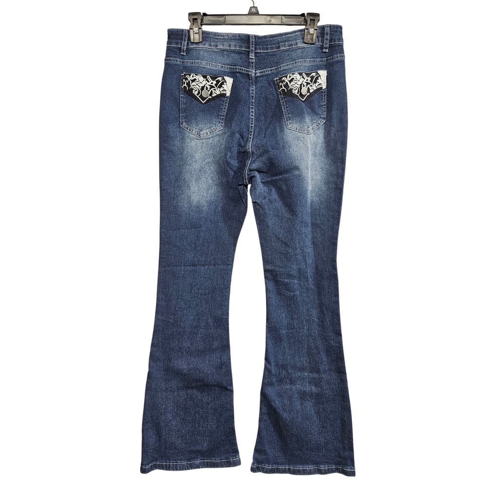 Womens XL Dark Wash Flare Jeans Embroidered Back Pockets Stretch Denim Blue